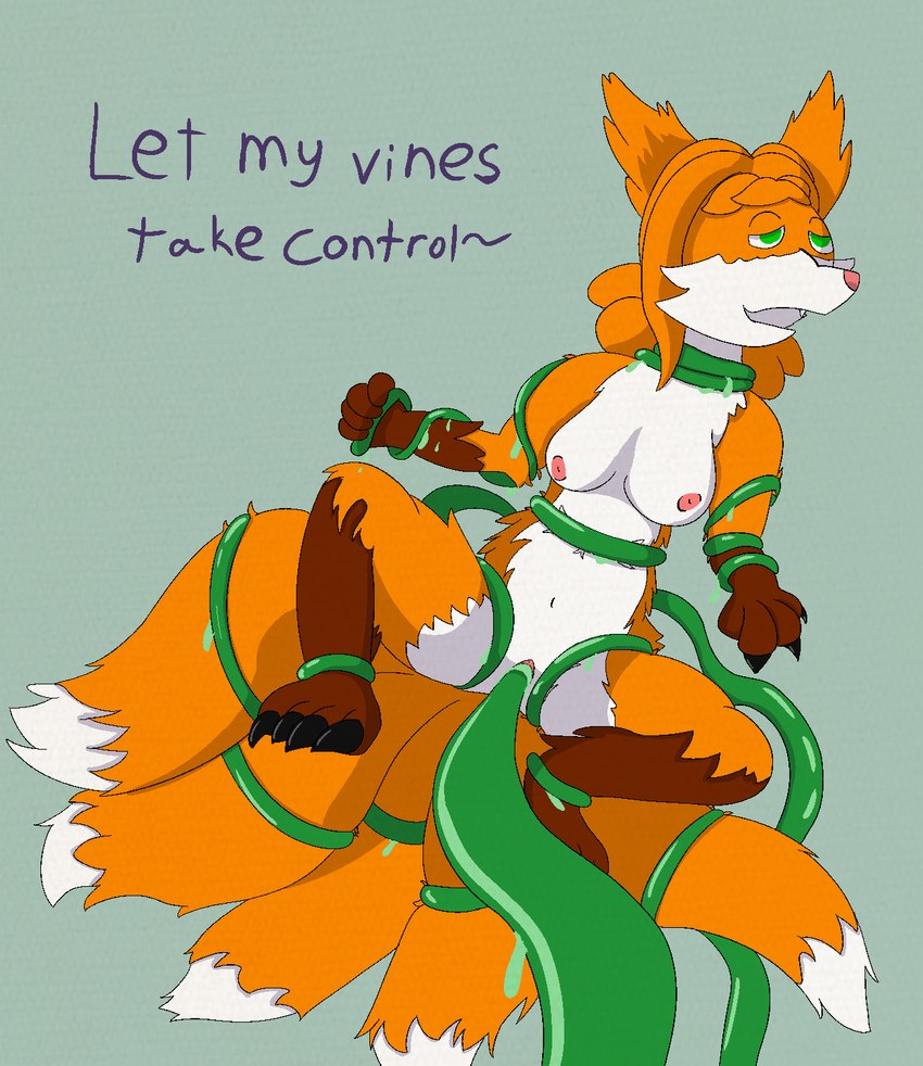 bdsm bodily_fluids breasts claws female finger_claws fur genital_fluids green_eyes green_vines orange_body orange_fur penetration plant snaggle_tooth tail tentacles text toe_claws vaginal vaginal_fluids vaginal_penetration vines velvet706 canid canine fox mammal hi_res