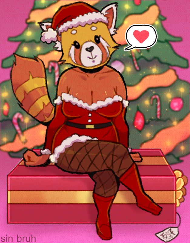 anthro big_breasts biped breasts christmas_clothing christmas_headwear christmas_tree cleavage clothed clothing female fur gift hat headgear headwear holidays legwear looking_at_viewer nipple_outline plant santa_hat sitting skimpy smile solo thick_thighs tree wide_hips sin_bruh aggretsuko christmas sanrio retsuko ailurid mammal red_panda 2018 digital_media_(artwork) hi_res watermark