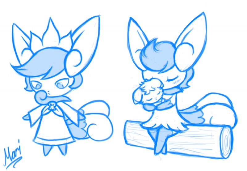 carrying_another clothed clothing cradling duo female simple_background solo standing white_background marindashy nintendo pokemon warioware ashley_(warioware) espurr generation_6_pokemon meowstic pokemon_(species) blue_and_white monochrome multiple_images signature