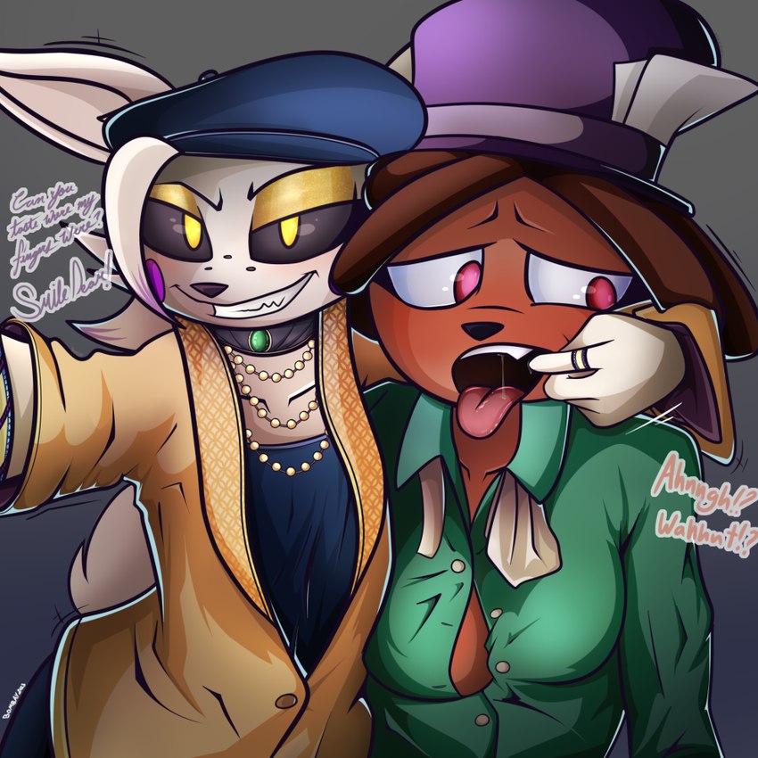 anthro beret black_sclera clothing duo fashion female female/female forced glowing glowing_eyes hat headgear headwear jewelry open_mouth selfie tongue tongue_out bombay_(artist) frenlivet_(bombay) porbit_(bombay) bear canid canine fox mammal 1:1