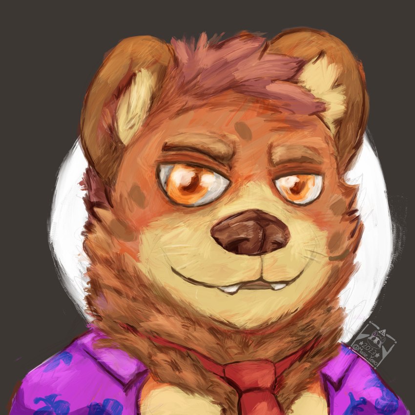 aloha_shirt anthro clothed clothing fur hair male mane markings neckfluff necktie oil pattern_clothing pattern_shirt pattern_topwear shirt simple_background solo teeth topwear malle_yeno disco_elysium hyena mammal 1:1 bust_portrait hi_res oil_painting_(artwork) painting_(artwork) portrait traditional_media_(artwork)