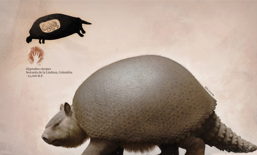 ambiguous_gender cave_painting feral fur quadruped realistic scientific_name shell solo tail text julio_lacerda armadillo glyptodon glyptodont mammal prehistoric_species xenarthran hi_res spanish_text