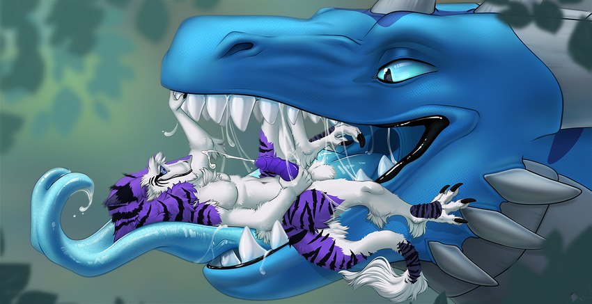 anthro bodily_fluids cum duo ejaculation genital_fluids imminent_oral_vore imminent_vore in_mouth male masturbation mawplay mouth_shot open_mouth saliva tail teeth tongue raota mythology glacius_draconian riley_(jendays) dragon mythological_creature mythological_scalie scalie sergal