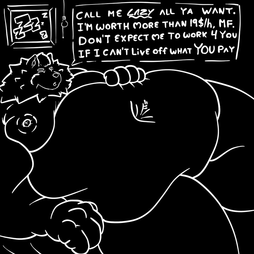 anthro barazoku belly big_belly dialogue fur huge_belly hyper hyper_belly light_bulb looking_at_viewer male navel neck_tuft nipples nude obese obese_anthro obese_male overweight overweight_anthro overweight_male picture_frame size_difference solo text thick_thighs tuft fujiyama_samoyed fujiyama_kenhaku canid canine canis domestic_dog mammal nordic_sled_dog samoyed spitz 1:1 digital_media_(artwork) english_text line_art monochrome