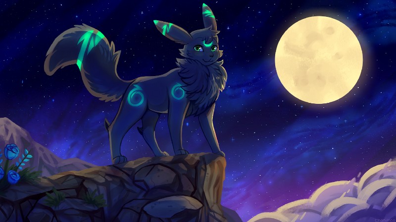 ambiguous_gender feral flower green_eyes looking_at_viewer moon night plant solo star xishka fakemon nintendo pokemon fan_character kine_(bresol) absol bresol eeveelution generation_2_pokemon generation_3_pokemon hybrid pokemon_(species) umbreon