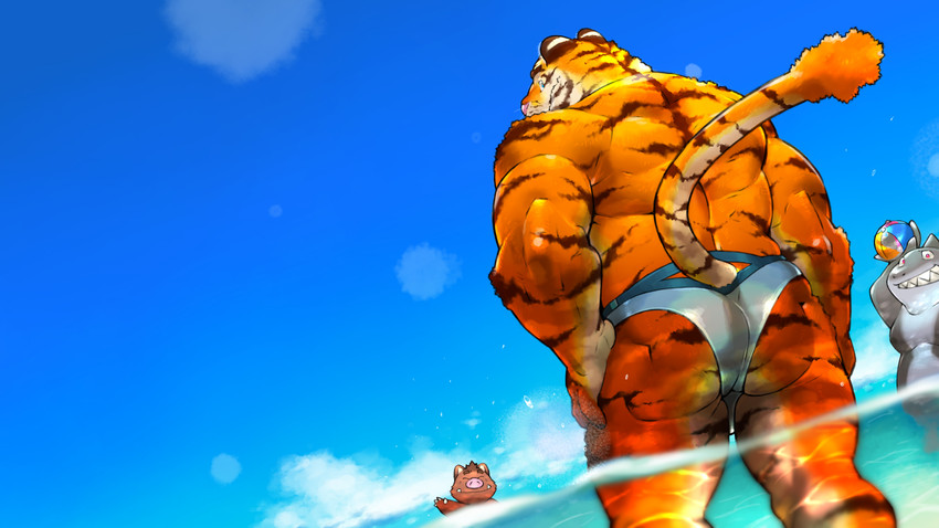 anthro barazoku brown_body brown_fur butt clothing eyes_closed fur group humanoid_hands kemono male outside swimwear water kira_nerisu felid mammal marine pantherine suid suine sus_(pig) tiger wild_boar 16:9 2013 hi_res widescreen