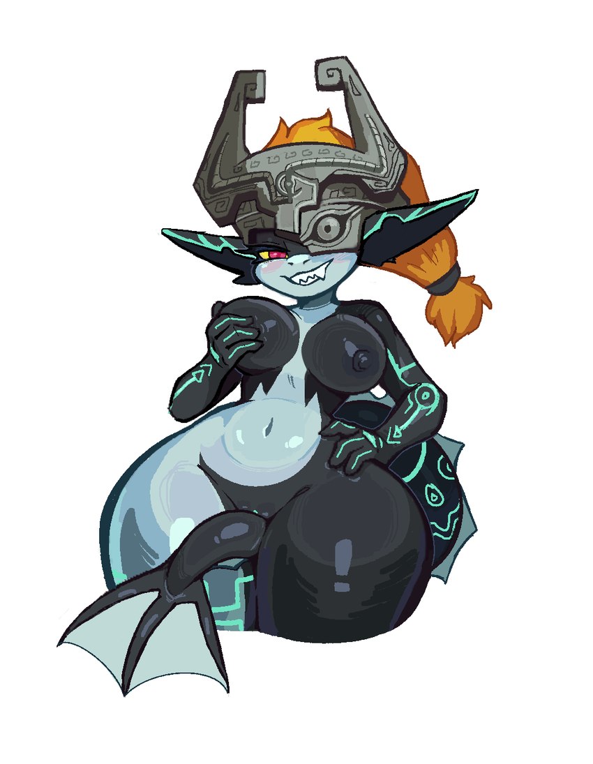 alternate_species anthro barely_visible_genitalia breasts female genitals hair headgear huge_hips huge_thighs nipples nude simple_background solo tail thick_thighs wide_hips ttothep_arts nintendo the_legend_of_zelda twilight_princess midna fish marine hi_res