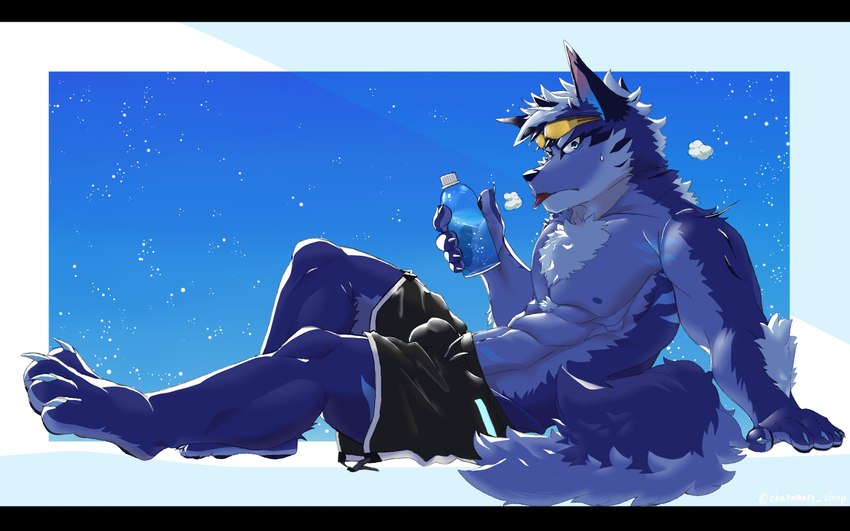 abs anthro beach biped black_bars blue_body blue_eyes blue_fur bottomwear bulge clothing eyewear eyewear_on_head fur male male_anthro muscular muscular_anthro muscular_male nipples pecs shorts solo sunglasses sunglasses_on_head swimwear chanomaru_sleep lifewonders tokyo_afterschool_summoners tindalos_(tas) canid canine canis mammal wolf 16:10 hi_res letterbox widescreen