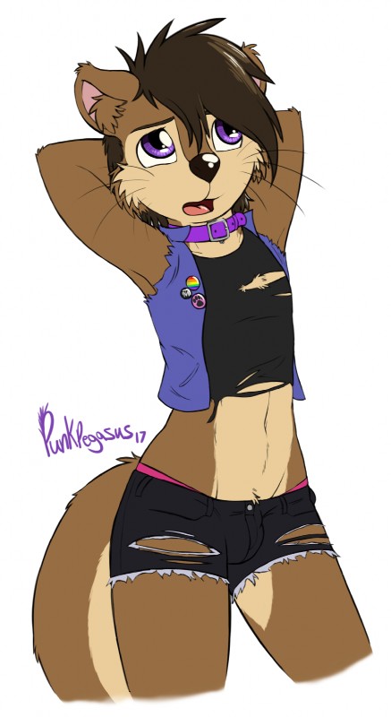 accessory anthro bottomwear brown_body brown_fur brown_hair bulge clothed clothing collar denim denim_clothing femboy front_view fur hair male midriff multicolored_body multicolored_fur navel open_mouth pin_accessory pin_button purple_eyes shorts simple_background solo tongue topwear torn_clothing tuft two_tone_body two_tone_fur underwear vest whiskers white_background punkpega ozzy_otter mammal mustelid otter 2017 digital_media_(artwork) hi_res portrait three-quarter_portrait