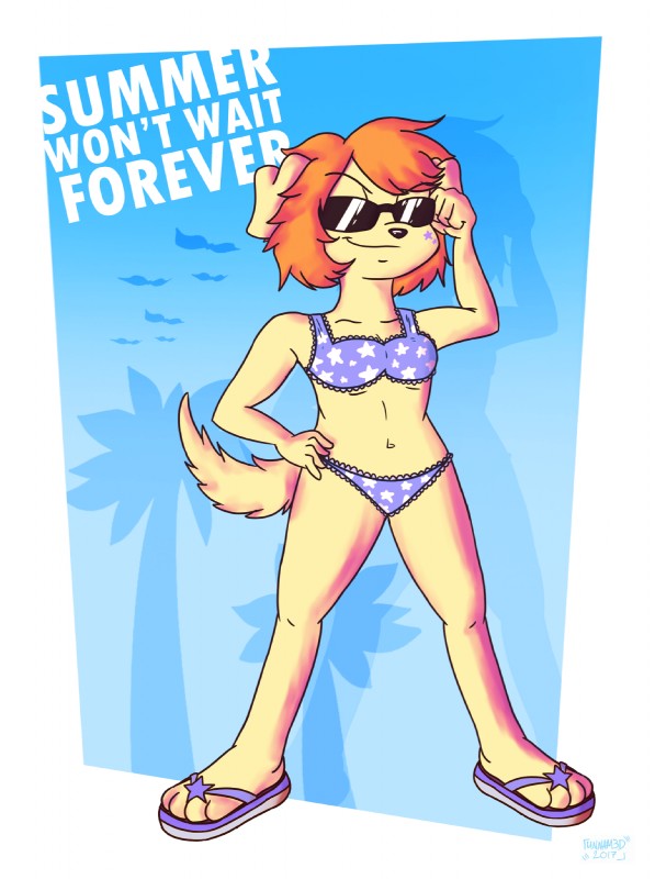 anthro bikini clothing eyewear female footwear grin hair orange_hair palm_tree plant sandals shoes simple_background smile solo sunglasses swimwear tattoo text tree two-piece two-piece_swimsuit unnam3d jenny_(unnam3d) bird_dog canid canine canis domestic_dog golden_retriever hunting_dog mammal retriever 2017 english_text hi_res