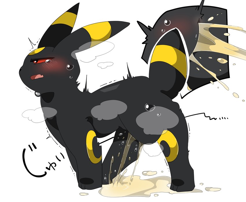 blush bodily_fluids female feral genital_fluids genitals omorashi onomatopoeia peeing pussy simple_background solo sound_effects steam sweat text urine white_background amaoto nintendo pokemon eeveelution generation_2_pokemon pokemon_(species) umbreon absurd_res hi_res