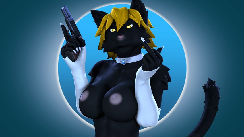 anthro armwear black_body black_fur blonde_hair breasts choker clothed clothing colored_nails elbow_gloves female fur gesture gloves gradient_background gun hair hand_gesture handgun handwear holding_object holding_weapon jewelry looking_at_viewer middle_finger nails necklace nipples ranged_weapon simple_background smile smiling_at_viewer smug_face solo topless topless_anthro topless_female weapon white_nails yellow_eyes thevestige petruz_(modeler) cat_(petruz) felid feline mammal 16:9 3d_(artwork) digital_media_(artwork) hi_res source_filmmaker_(artwork) widescreen