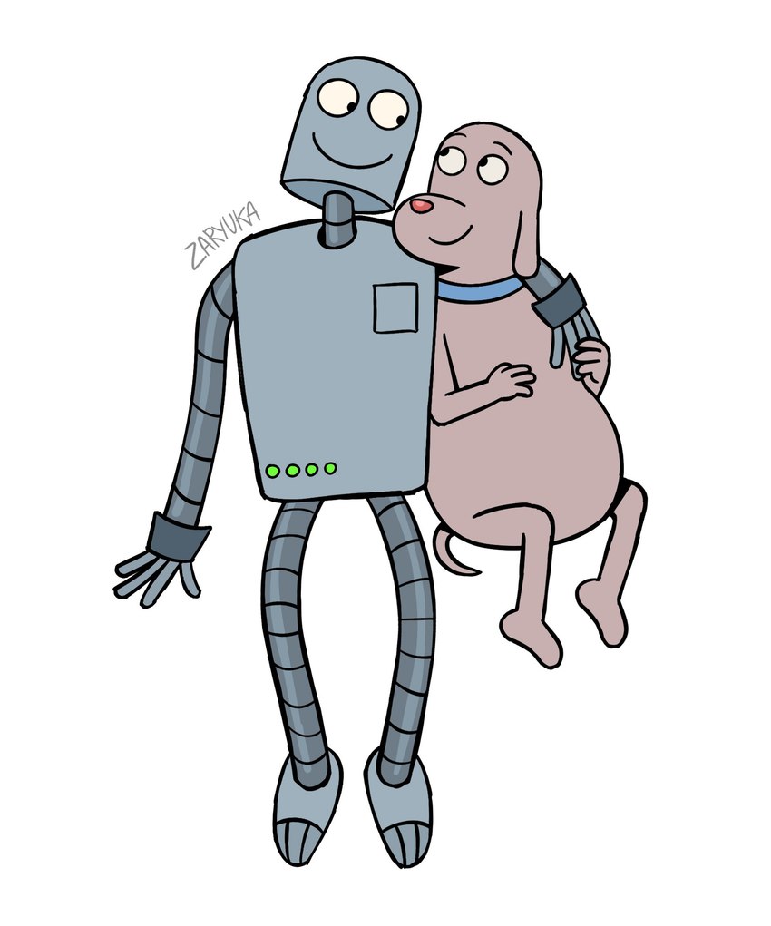 ambiguous_gender anthro brown_body brown_fur collar cuddling duo fur grey_body metallic_body smile zaryukart robot_dreams dog_(robot_dreams) robot_(robot_dreams) canid canine canis domestic_dog humanoid mammal full-length_portrait hi_res portrait male_(lore)