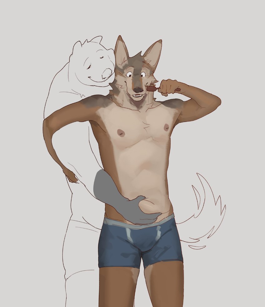 anthro belly_overhang belly_pinch belly_play blue_boxer_briefs blue_clothing blue_underwear boxer_briefs boxer_briefs_only brush bulge chest_tuft chubby_face clothed clothing collarbone cuddling duo eyebrows eyes_closed fur grey_body grey_fur head_tuft looking_down looking_down_at_stomach male male/male multicolored_body multicolored_fur neck_tuft nipples romantic romantic_couple shirtless shirtless_anthro shirtless_male slightly_chubby tail tan_body tan_fur toothbrush topless tuft underwear underwear_only weight_difference alexyz_kun arches_(game) echo_(series) echo_project cameron_wilson devon_ortega bear brown_bear canid canine canis coyote mammal ursine hi_res unfinished