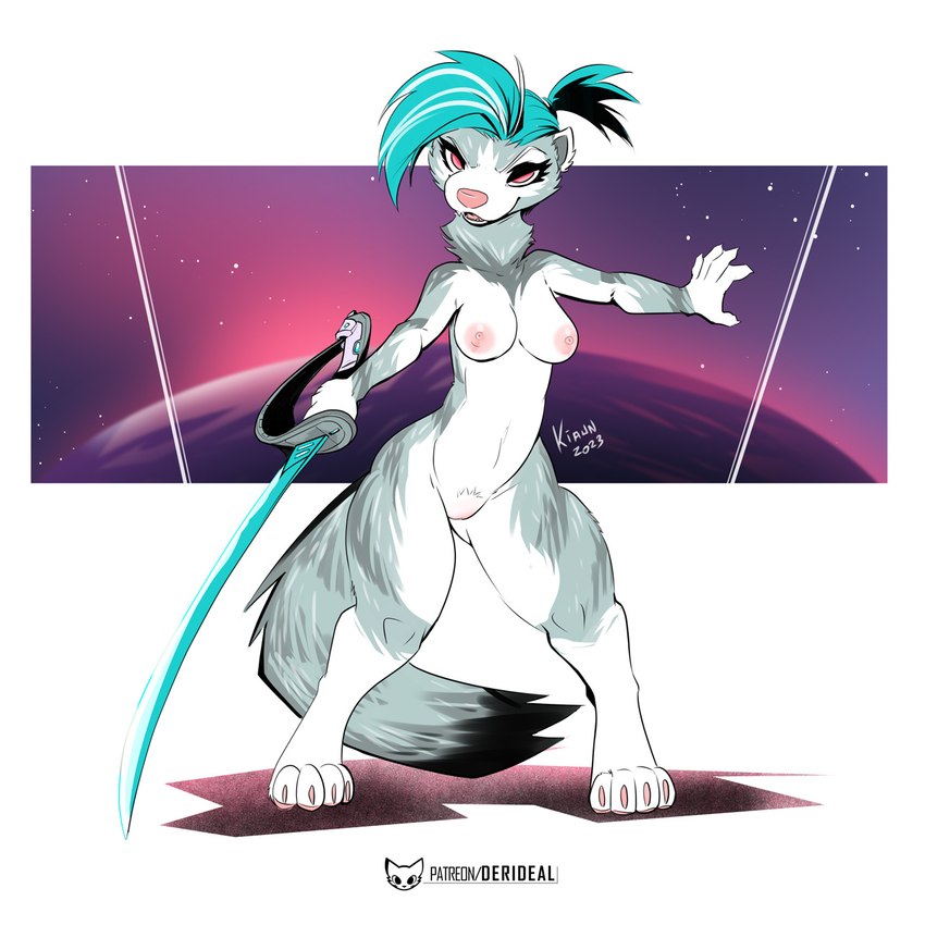 anthro blue_hair breasts detailed_background earth female fluffy fluffy_tail genitals hair holding_melee_weapon holding_object holding_sword holding_weapon letters melee_weapon neck_tuft nude pink_eyes pink_nose planet pussy shadow simple_background solo standing star sword symbol tail text tuft weapon white_background world kiaun mammal mustelid musteline true_musteline weasel 2023 colored digital_drawing_(artwork) digital_media_(artwork) english_text hi_res icon portrait shaded signature url