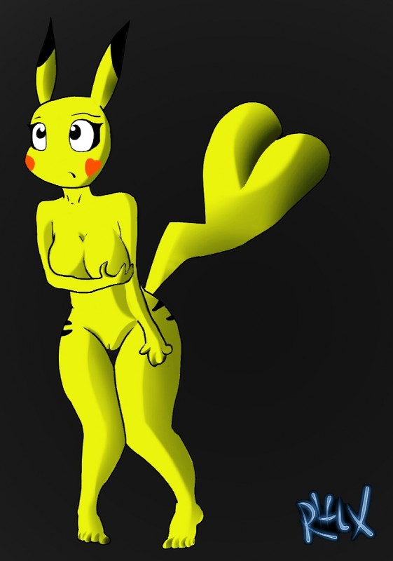 anthro anthrofied black_background black_eyes breasts cleft_tail covering covering_self female genitals nude pokemorph pussy simple_background solo tail khanyvor nintendo pokemon generation_1_pokemon mammal pikachu pokemon_(species) hi_res