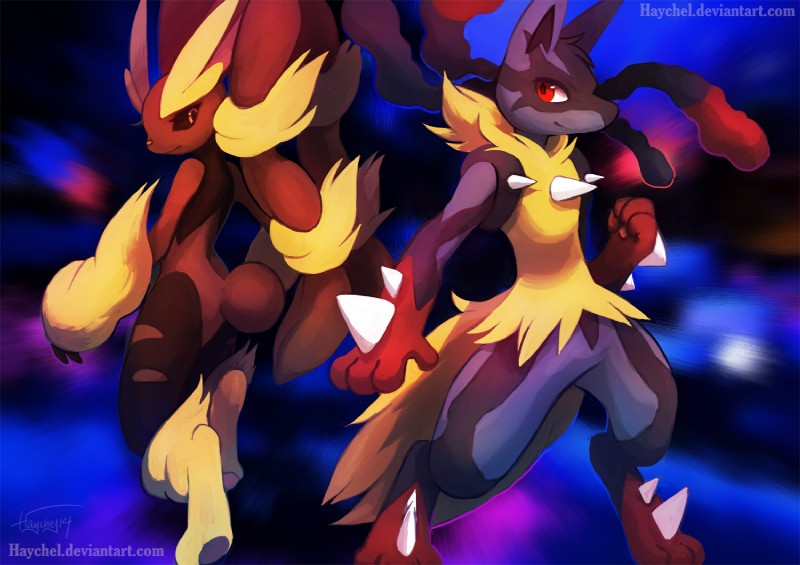 ambiguous_gender anthro blue_body blue_fur duo fur looking_back pose red_eyes haychel nintendo pokemon canid canine generation_6_pokemon lagomorph mammal mega_evolution mega_lopunny mega_lucario pokemon_(species) 2014 digital_media_(artwork)