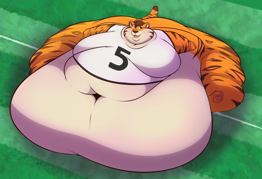 3_toes ambiguous_gender belly belly_on_ground big_belly brown_eyes brown_hair brown_nose clothing detailed_background feet football_field fur hair high-angle_view huge_belly hyper hyper_belly immobile jersey looking_aside morbidly_obese obese open_mouth orange_body orange_fur overweight pink_tongue short_hair sitting solo tail three-quarter_view toes tongue topwear white_body white_fur white_sclera reppu felid mammal pantherine tiger 2024 digital_media_(artwork) full-length_portrait hi_res portrait