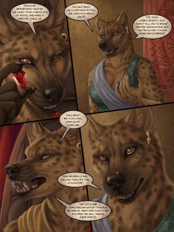 anthro breasts brown_body brown_eyes brown_fur claws dialogue ear_piercing female fur gem group one_eye_closed open_mouth piercing smile speech_bubble teeth text myenia rukis red_lantern manjusha_immar rajne_immar hyena mammal spotted_hyena 2014 3:4 comic english_text daughter_(lore) mother_(lore) mother_and_child_(lore) mother_and_daughter_(lore) parent_(lore) parent_and_child_(lore) parent_and_daughter_(lore)