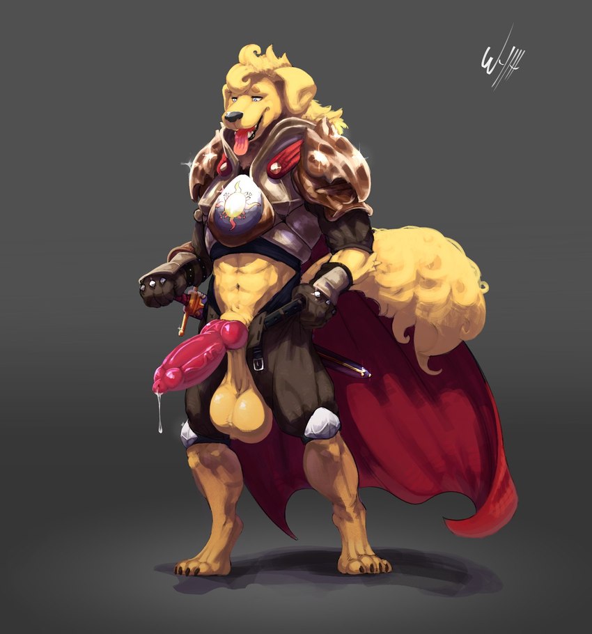 4_toes abs animal_genitalia animal_penis anthro armor balls barefoot big_balls big_penis biped black_nose blonde_hair bodily_fluids bottomwear brown_bottomwear brown_clothing brown_shorts canine_genitalia canine_penis cape claws clothed clothing digitigrade dripping erection feet floppy_ears fluffy fluffy_tail front_view fur gauntlets genital_fluids genitals glistening glistening_balls glistening_genitalia glistening_penis gloves grey_background hair handwear hindpaw knight knot male melee_weapon midriff monotone_body monotone_fur monotone_hair monotone_tail navel open_bottomwear open_clothing open_mouth open_pants open_smile pants partially_clothed pauldron paws penis plate_armor precum precum_drip presenting presenting_penis red_cape red_clothing red_penis saggy_balls shorts simple_background smile solo standing sword tail teeth toe_claws toes tongue tongue_out undressing warrior weapon yellow_body yellow_ears yellow_fur yellow_tail wyth bird_dog canid canine canis domestic_dog golden_retriever hunting_dog mammal retriever digital_media_(artwork) full-length_portrait hi_res portrait