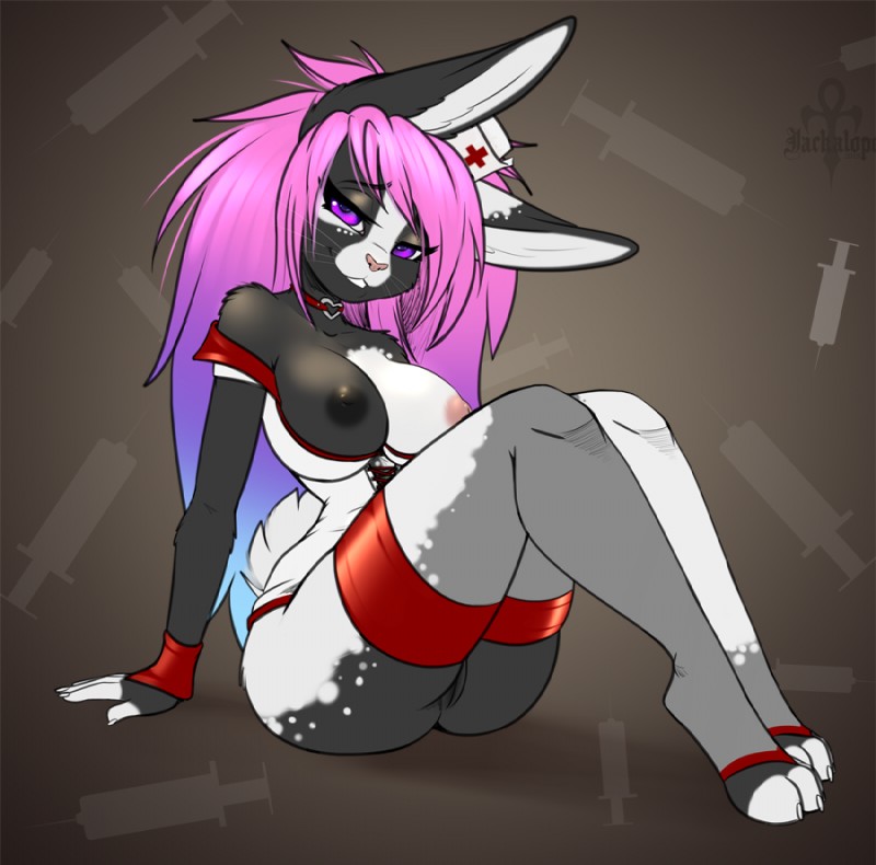 anthro black_nipples breasts clothing costume female hair nipples nurse pink_hair purple_eyes red_cross sitting smile solo uniform whiskers jackalope_(artist) coco_(rattios90) lagomorph leporid mammal rabbit