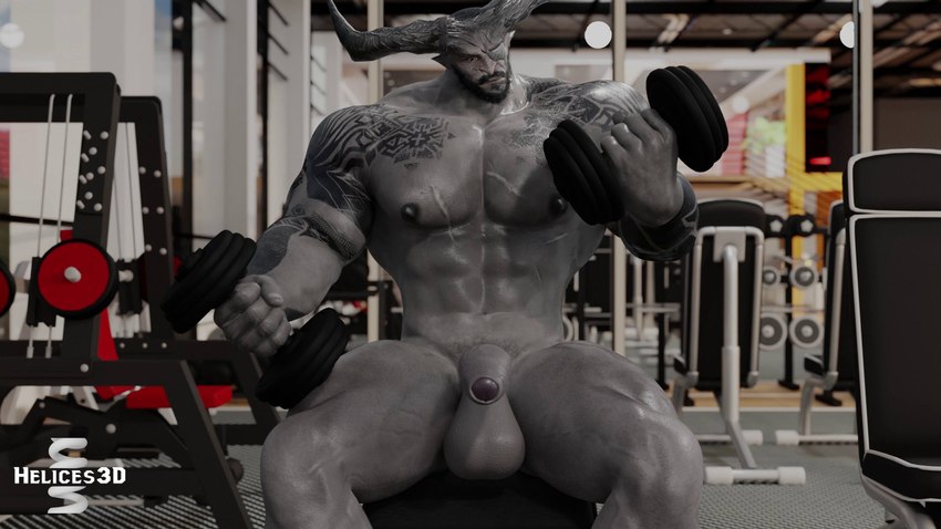 2_horns abs arm_tattoo balls black_nipples exercise eye_patch eyewear foreskin genitals horn male muscular muscular_humanoid muscular_male nipples pecs penis scar solo tattoo weightlifting weights workout helices3d bioware dragon_age electronic_arts iron_bull humanoid qunari 16:9 3d_(artwork) digital_media_(artwork) hi_res widescreen