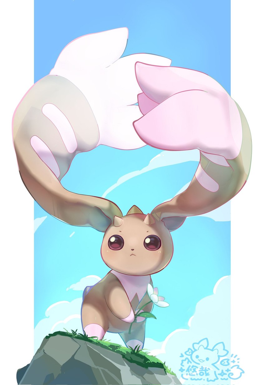 anthro beady_eyes brown_body brown_eyes brown_fur chibi fur grass horn long_ears male plant solo youzaiyouzai112 bandai_namco digimon digimon_(species) lopmon hi_res