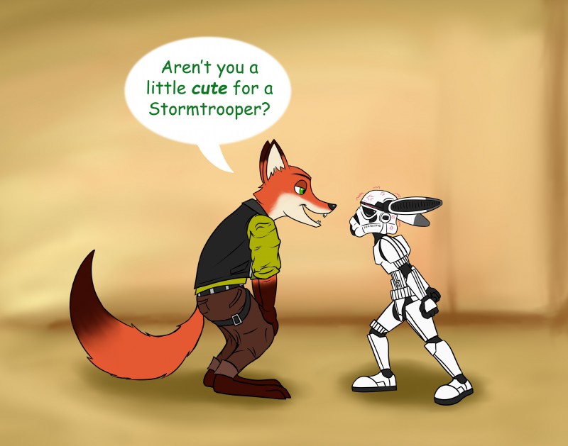 anthro armor barefoot clothed clothing dipstick_tail duo feet markings multicolored_tail size_difference tail tail_markings text redtriangle disney star_wars zootopia han_solo judy_hopps nick_wilde stormtrooper canid canine fox lagomorph leporid mammal rabbit red_fox true_fox absurd_res crossover hi_res