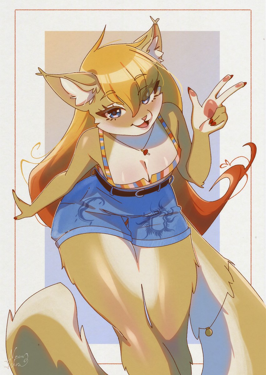 anthro belt blue_eyes bottomwear breasts cleavage clothed clothing decollete eyelashes female gesture hair hand_gesture inner_ear_fluff long_hair long_tail looking_at_viewer open_mouth pawpads shorts simple_background smile smiling_at_viewer solo tail thick_thighs tuft v_sign wide_hips neon-chan ellie_(crimsir) domestic_cat felid feline felis mammal hi_res