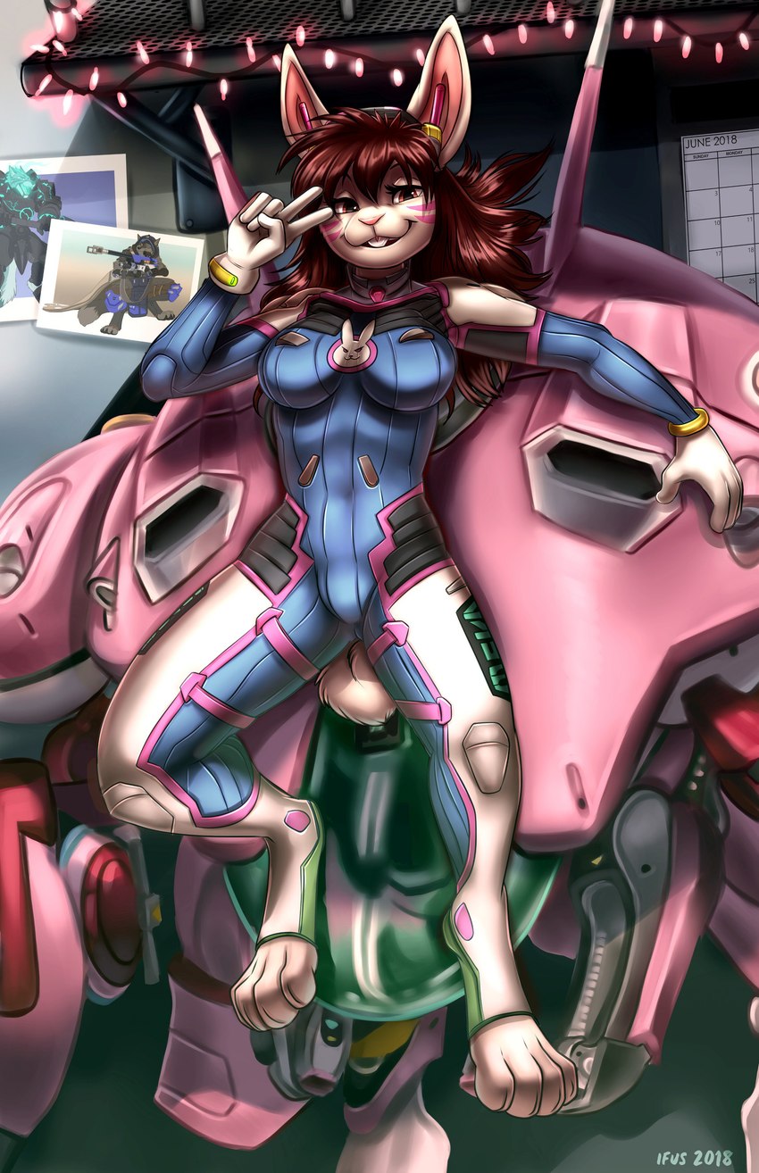 anthro anthrofied bodysuit breasts brown_hair buckteeth christmas_decorations christmas_lights clothing digitigrade female fur gesture hair hand_gesture long_hair machine markings mech_suit mecha medium_breasts navel_outline pink_markings skinsuit smile solo teeth tight_clothing v_sign white_body white_fur ifus blizzard_entertainment overwatch d.va_(overwatch) lagomorph leporid mammal rabbit 2018 absurd_res digital_media_(artwork) hi_res