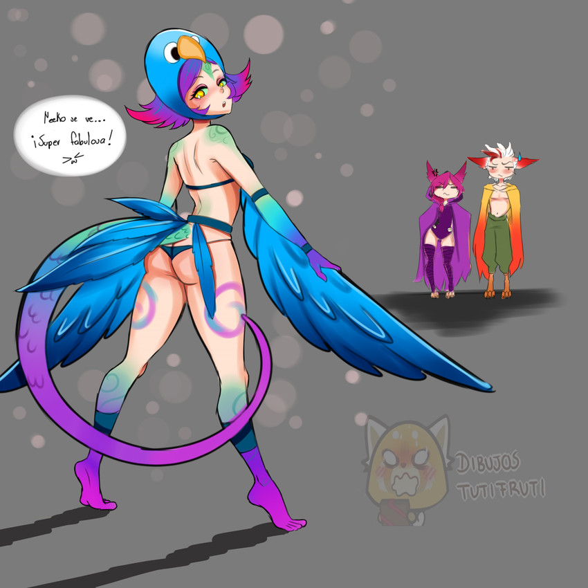 anthro butt clothed clothing female group humanoid_focus male solo_focus text tutifruti_(artist) league_of_legends riot_games tencent neeko_(lol) rakan_(lol) xayah_(lol) animal_humanoid avian avian_humanoid humanoid vastaya 1:1 absurd_res digital_drawing_(artwork) digital_media_(artwork) hi_res