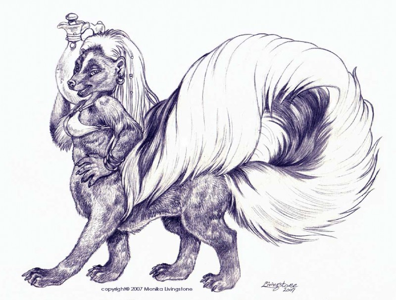 bra breasts clothing female holding_object quadruped side_view simple_background solo tail underwear white_background monika_livingstone mammal mammal_taur mephitid mephitid_taur skunk skunk_taur striped_skunk taur 2007 2009 signature