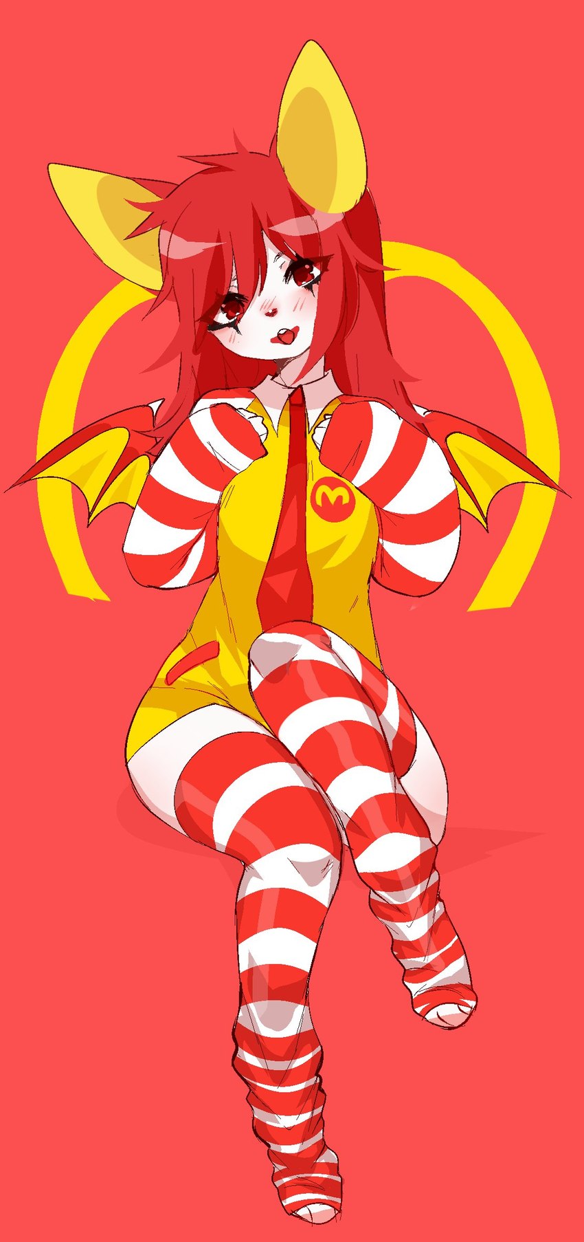 anthro clothed clothing clown costume feet female fur hair hindpaw legwear long_hair makeup mascot membrane_(anatomy) membranous_wings open_mouth pattern_clothing pattern_legwear pattern_thigh_highs paws red_background red_eyes red_hair simple_background sitting solo striped_clothing striped_legwear striped_thigh_highs stripes thigh_highs white_body white_fur wings fredek666 mcdonald's ronald_mcdonald bat mammal digital_media_(artwork) hi_res shaded