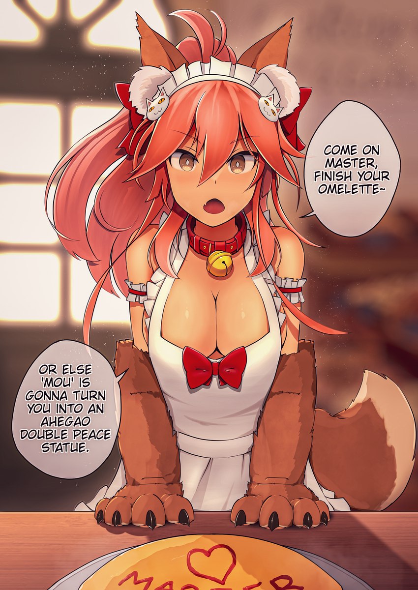 apron apron_only bell big_breasts breasts claws clothing collar female flesh_fang fur gloves hair handwear huge_breasts inner_ear_fluff light_body light_skin maid_headdress mostly_nude paw_gloves pawpads pink_hair solo text tuft yellow_eyes alterkyon fate_(series) type-moon berserker_tamamo_cat caster_tamamo-no-mae animal_humanoid canid canid_humanoid canine canine_humanoid fox_humanoid humanoid mammal mammal_humanoid absurd_res digital_media_(artwork) english_text hi_res