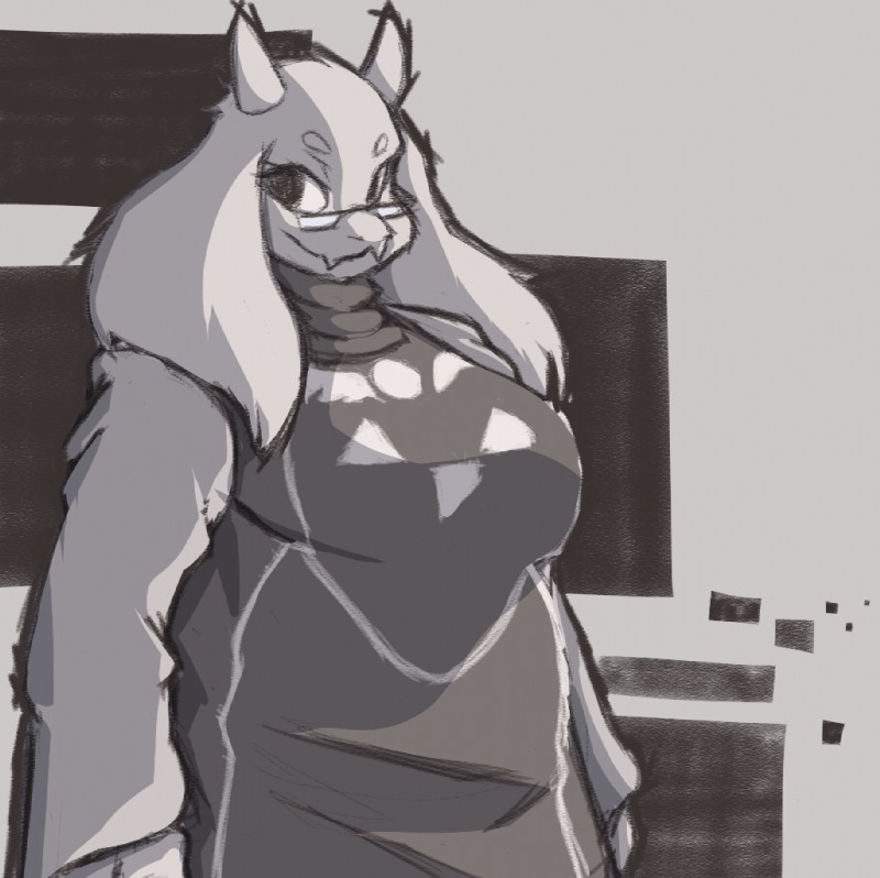 anthro big_breasts breasts clothing eyewear female fur glasses horn long_ears robe solo white_body white_fur kbul undertale undertale_(series) toriel boss_monster_(undertale) bovid caprine mammal 2015 digital_media_(artwork) monochrome