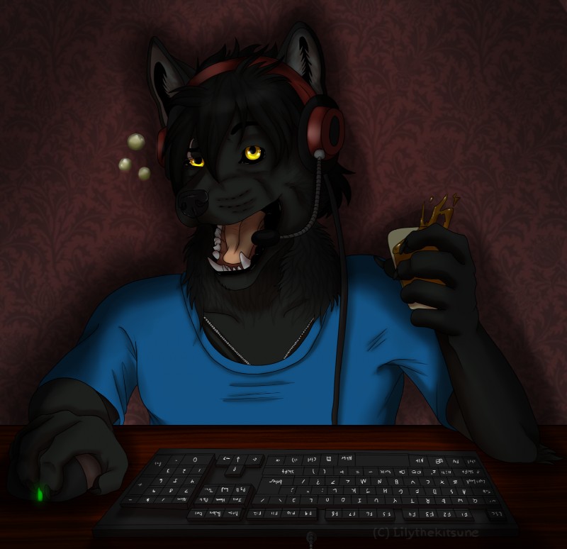 alcohol anthro beer beverage buzzed clothed clothing computer drunk electronics food fur hair headgear headphones headset keyboard lets lets_play looking_at_viewer male microphone open_mouth playing scar shirt silly smile solo substance_intoxication topwear yellow_eyes lilythekitsune darkwolf_(darkwolfdemon) canid canine canis mammal wolf 2015 hi_res