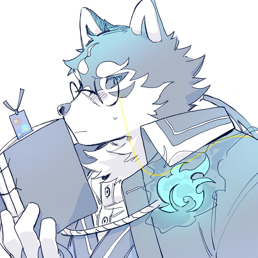 anthro black_sclera blush book bookmark embarrassed eyewear fur glasses male multicolored_body multicolored_fur solo hagio_graphy lifewonders tokyo_afterschool_summoners masanori_(tas) canid canine canis domestic_dog mammal 1:1 hi_res