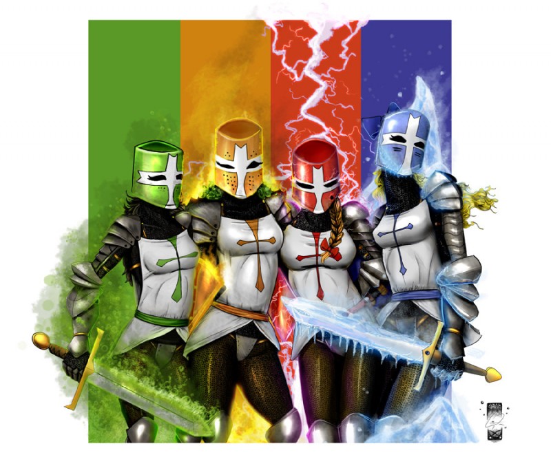 armor black_hair blonde_hair clothing crossgender female green_hair group hair headgear helmet melee_weapon not_furry sword weapon steevinlove castle_crashers the_behemoth_(company) blue_knight_(castle_crashers) green_knight_(castle_crashers) orange_knight_(castle_crashers) red_knight_(castle_crashers) human mammal 2011