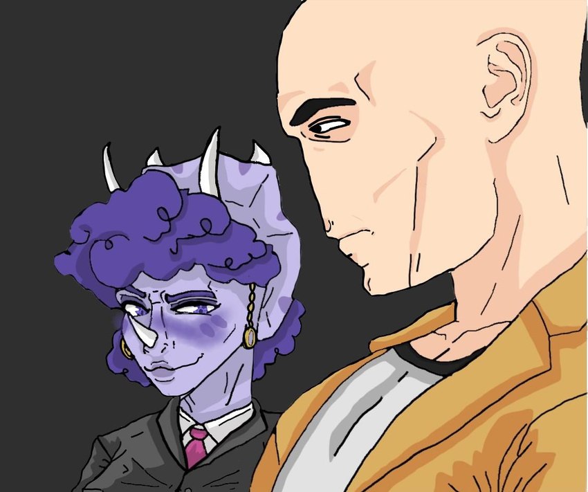 anthro bald biped blush business_suit clothed clothed_anthro clothed_female clothed_human clothed_male clothing duo eyebrows facial_horn female frown grey_background hair horn jacket looking_at_another looking_down male male/female markings narrowed_eyes purple_body purple_eyes purple_hair purple_scales raised_eyebrow scales shirt simple_background smile smirk spots spotted_markings suit topwear white_clothing white_shirt white_topwear yellow_clothing yellow_jacket_(clothing) yellow_topwear unknown_artist cavemanon_studios goodbye_volcano_high snoot_game anon_(snoot_game) trish_(gvh) ceratopsian dinosaur human mammal ornithischian prehistoric_species reptile scalie triceratops 2024 colored shaded