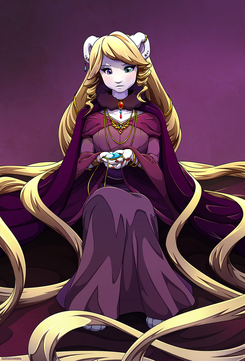 anthro blonde_hair breasts cloak clothed clothing colored_nails dress ear_piercing eyebrows eyelashes female hair heterochromia holding_object jewelry long_hair nails necklace piercing simple_background solo lapres felid lion mammal pantherine 2021 digital_media_(artwork) hi_res