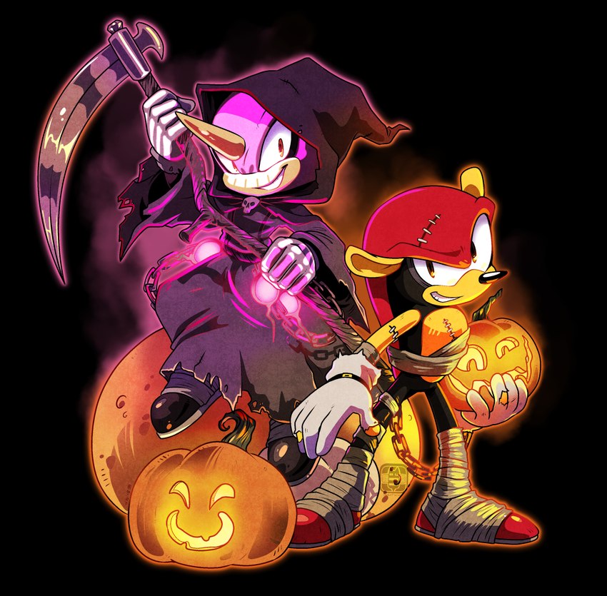 anthro bandage clothing costume duo food fruit gloves grim_reaper_costume halloween_costume handwear holding_object holding_pumpkin holidays horn male mummy_costume mummy_wrappings plant pumpkin simple_background smile stitch_(sewing) torn_clothing torn_gloves torn_handwear finimun halloween sega sonic_the_hedgehog_(series) espio_the_chameleon mighty_the_armadillo armadillo chameleon lizard mammal reptile scalie xenarthran hi_res