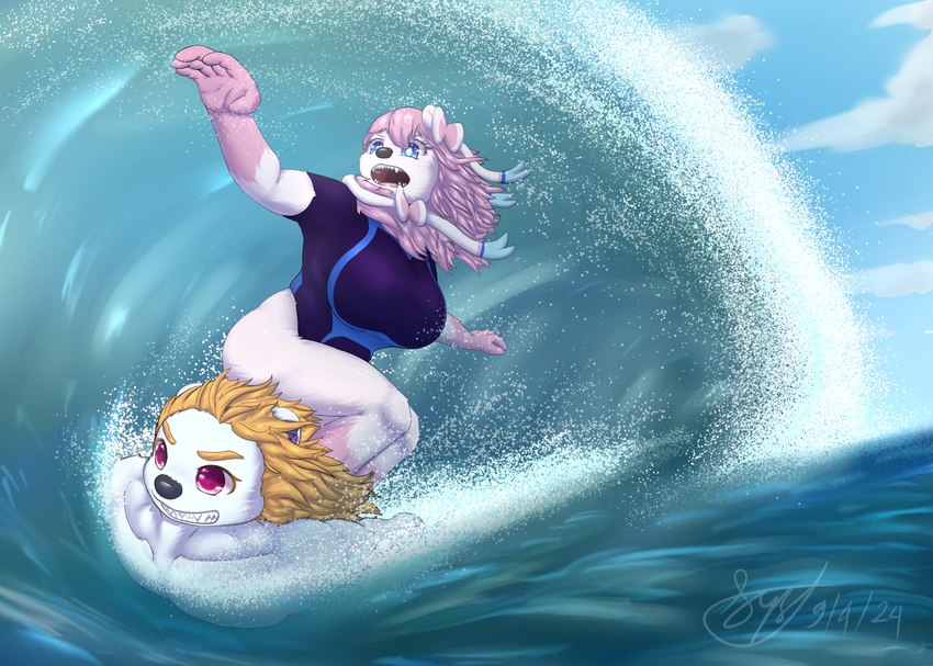 anthro big_breasts blonde_hair breasts clothing duo female hair humor male male/female pink_hair sea summer surfing swimwear text water wave syst nintendo pokemon fan_character ninfii_(syst) syst_(character) bear eeveelution generation_6_pokemon hybrid mammal pokemon_(species) polar_bear sylveon ursine absurd_res english_text hi_res