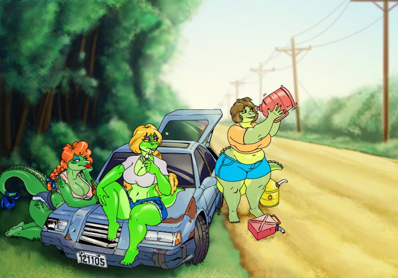 alcohol anthro barefoot belly beverage big_belly big_breasts big_butt biped blonde_hair bottomwear breasts brown_hair butt car cleavage clothed clothing curvy_figure feet female gasoline group hair hotpants makeup navel non-mammal_breasts on_hood overweight overweight_anthro overweight_female plant red_hair roadside shorts skimpy smoking stranded thick_thighs tree vehicle voluptuous wide_hips vdisco lily_sue_(spiketheklown) maryanne_(vdisco) tamsey_(vdisco) crocodile crocodilian reptile scalie 2017