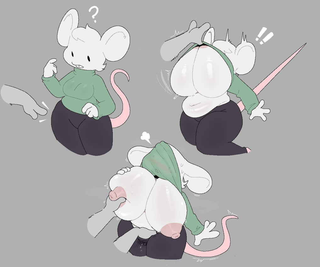 anthro big_breasts bodily_fluids breasts buckteeth clothed clothing clothing_lift disembodied_hand female fingering genital_fluids hammerspace hand_in_pants hidden_buxom huge_breasts hyper hyper_breasts navel nipples no_bra shirt shirt_lift simple_face slightly_chubby solo sweater teeth topwear vaginal_fluids white_body snazzle_snapp mammal mouse murid murine rodent