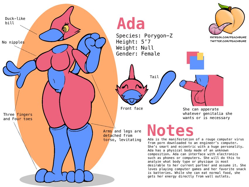 anthro breasts female genitals gynomorph intersex nude penis pussy solo text officialpeachbumz nintendo pokemon ada fan_character generation_4_pokemon pokemon_(species) porygon-z 4:3 english_text hi_res model_sheet url