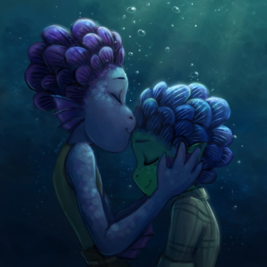 anthro blue_body blue_scales bubble clothing duo fin forehead_kiss green_body green_scales kissing kissing_forehead male scales underwater water young ivygeorgi disney luca_(pixar) pixar alberto_scorfano luca_paguro marine sea_monster 1:1 2021 hi_res signature