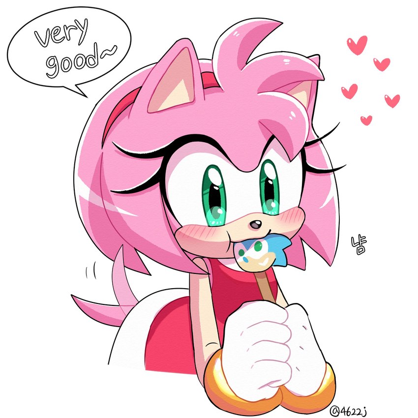 accessory anthro black_nose blush bracelet clothing dialogue_box dress eyelashes female food fur green_eyes hair_accessory hairband handwear heart_symbol jewelry pink_body pink_fur popsicle simple_background solo sonic_popsicle tail tail_motion tailwag text white_background 4622j popsicle_(brand) sega sonic_the_hedgehog_(series) amy_rose eulipotyphlan hedgehog mammal 1:1 english_text hi_res