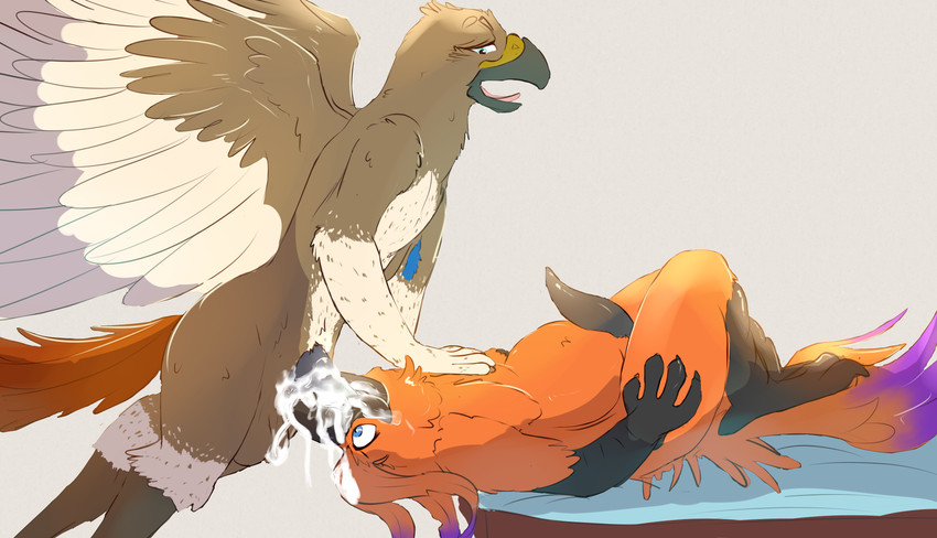 anthro avian_feet beak beak_fetish beak_play beak_sex beakjob bodily_fluids brown_body brown_feathers cum cum_in_mouth cum_inside duo feathered_crest feathered_wings feathers fellatio genital_fluids genitals head_crest male male/male oral orange_body orange_feathers penile penis purple_body purple_feathers red_body red_feathers red_tail sex spread_wings tail wings otterlike european_mythology greek_mythology mythology azen blitz_(its_blitz) accipitrid accipitriform avian bird buteo chickenhawk mythological_avian mythological_bird mythological_creature mythological_firebird phoenix red-tailed_hawk absurd_res hi_res