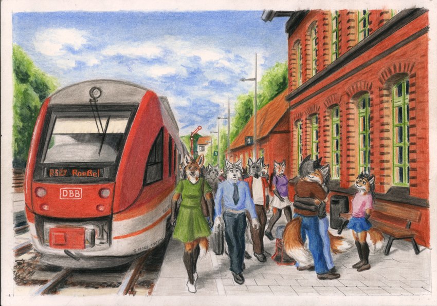 anthro bench building clothing dress female group hug looking_away male necktie outside platform railway railway_signal smile station train vehicle young syntech ailurid canid canine canis fox mammal maned_wolf red_panda wolf hi_res