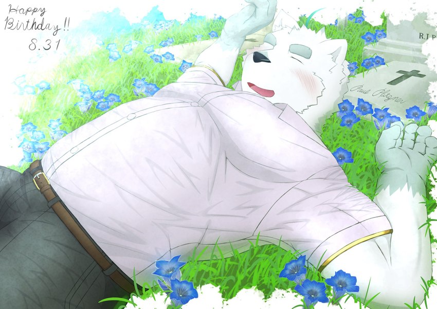 anthro blush bottomwear clothing eyes_closed flower humanoid_hands kemono lying male pants plant shirt solo tombstone topwear flacmk6egtweer2 knights_college paul_pfitzner bear mammal polar_bear ursine 2021 hi_res